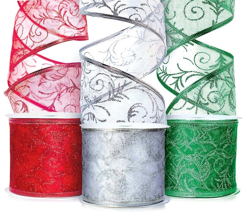 OLYPHAN Christmas Ribbon for Gift Wrapping Ribbons Wired - 2.5 Inch Set - Ribbon Wire Red, Green, and Silver Sheer Organza Glitter for Gift Wrap, Xmas Tree Decoration, Holiday Craft - Image 1